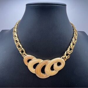 Trifari Chunky Gold Tone Chain Necklace w/ Pearlescent Swirled Gold Taupe Enamel